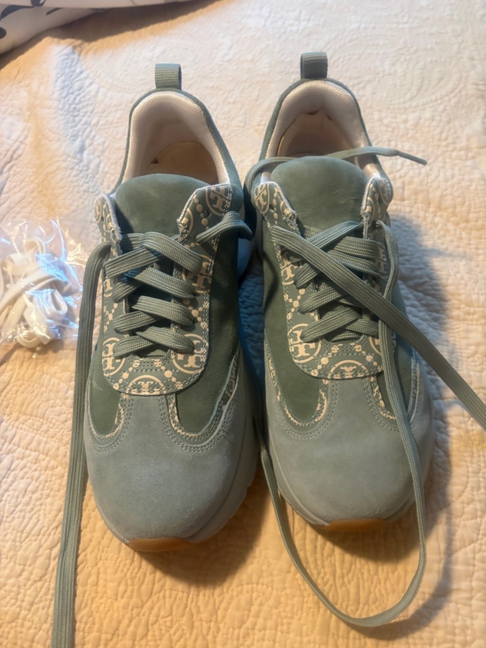 Tory Burch  Teal Suede Sneakers with Patterned Panels.